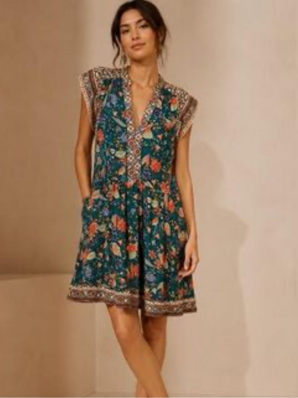 Anthropologie XS Zenia Green Floral V-Neck Dress - Picture 2 of 15
